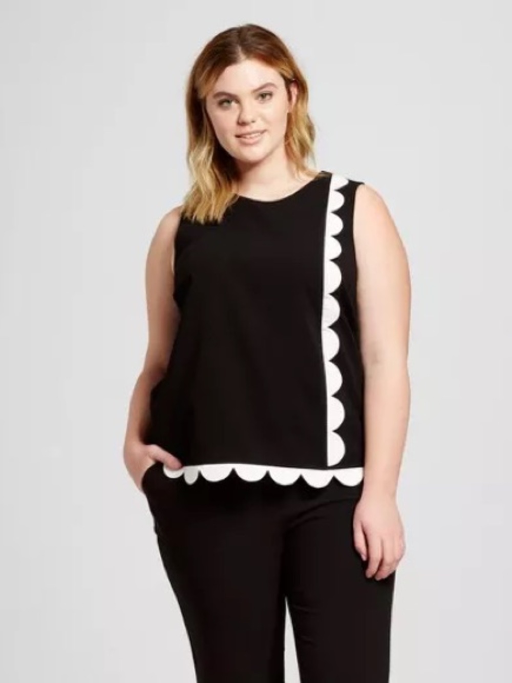VICTORIA BECKHAM for Target Women's Black Twill Tank Top A-Line Scallop Hem, 2X
